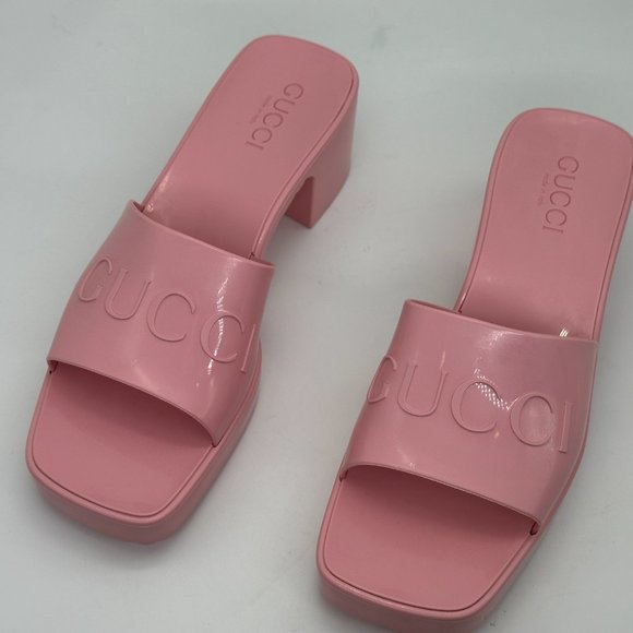 Gucci Double GG Logo Rubber Platform Block Heel Mules Slides Sandals Shoes - Picture 13 of 16